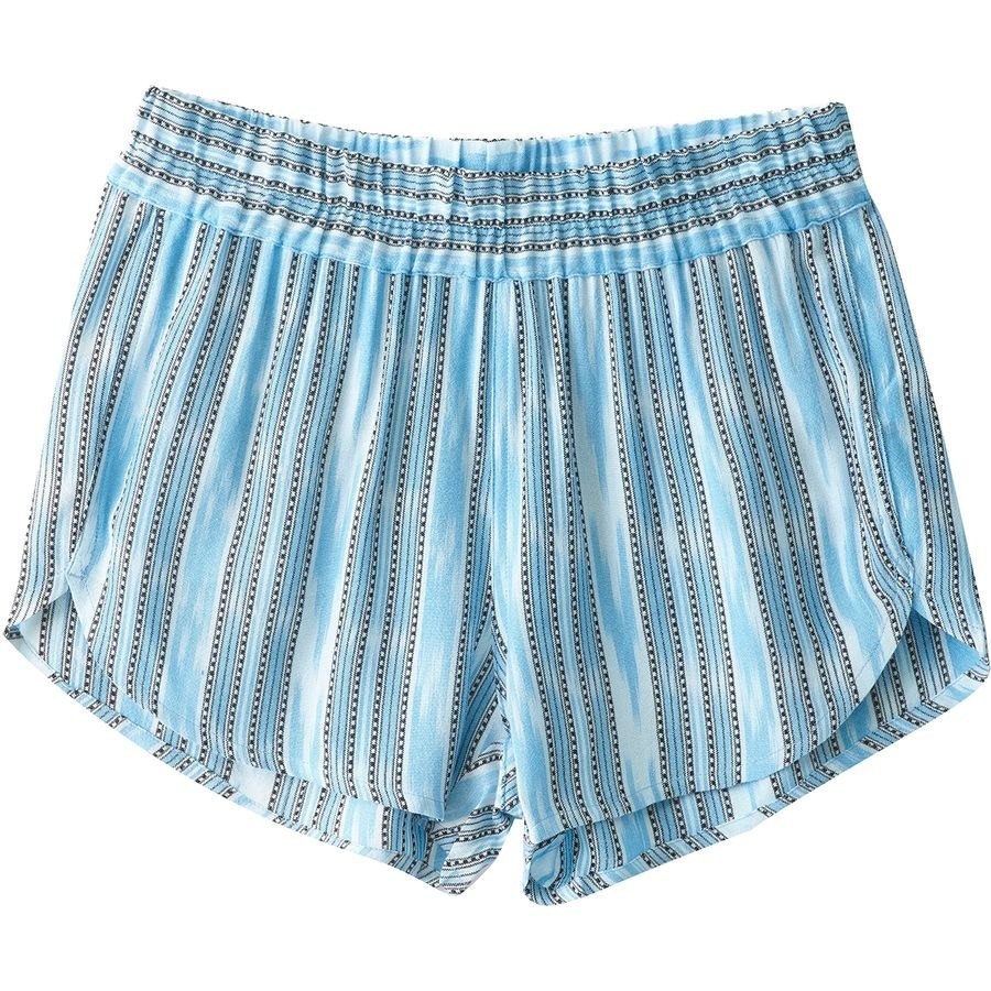 A pair of blue and black and white pattered striped shorts 