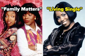 Moesha and Dee pose back to back with "Family Matters" written on their tile, while Niecy poses on the right with "Living Single" written on her tile