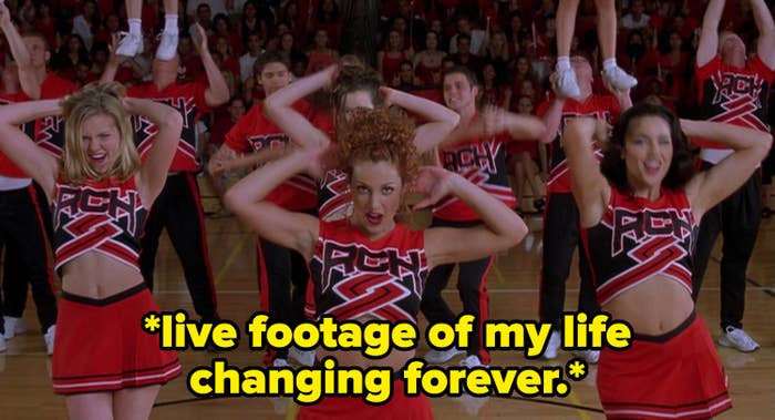 Opening scene of Bring It On with the caption: &quot;*live footage of my life changing forever*&quot;