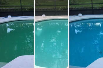 Three photos show a reviewer's pool turn from green, to teal, to blue using the clarifier