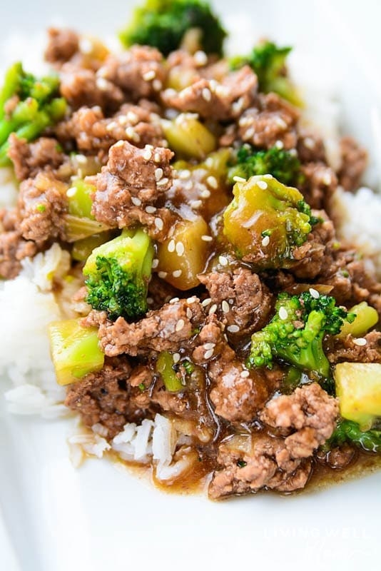 Ground beef and broccoli served over rice