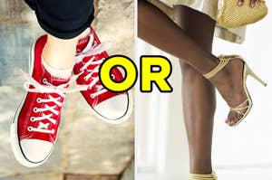 On the left, someone wears sneakers, and on the right, someone wears high heels with "or" typed in between the two images