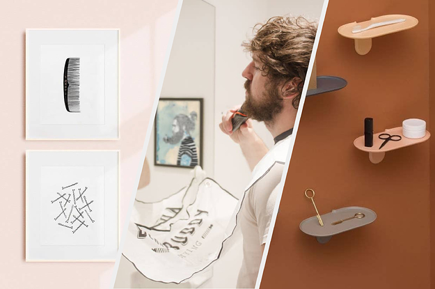 to the left: framed portraits of hair accessories, middle: a model shaving with a catchall under him, to the right: colorful tiny wall shelves