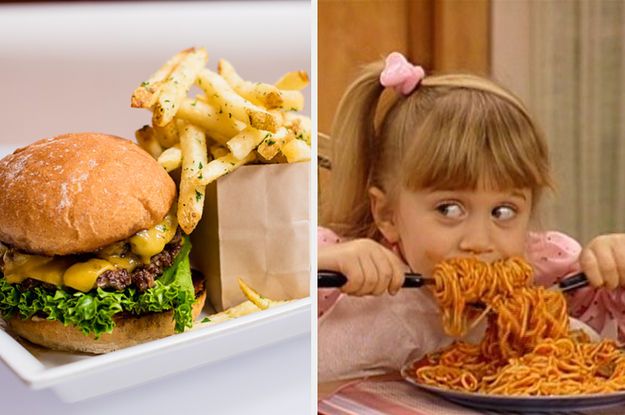 Burger and fries and Mary-Kate eating spaghetti..