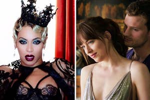 Beyonce is wearing a crown on the left with Christian Grey and Ana from "Fifty Shades of Grey" on the right