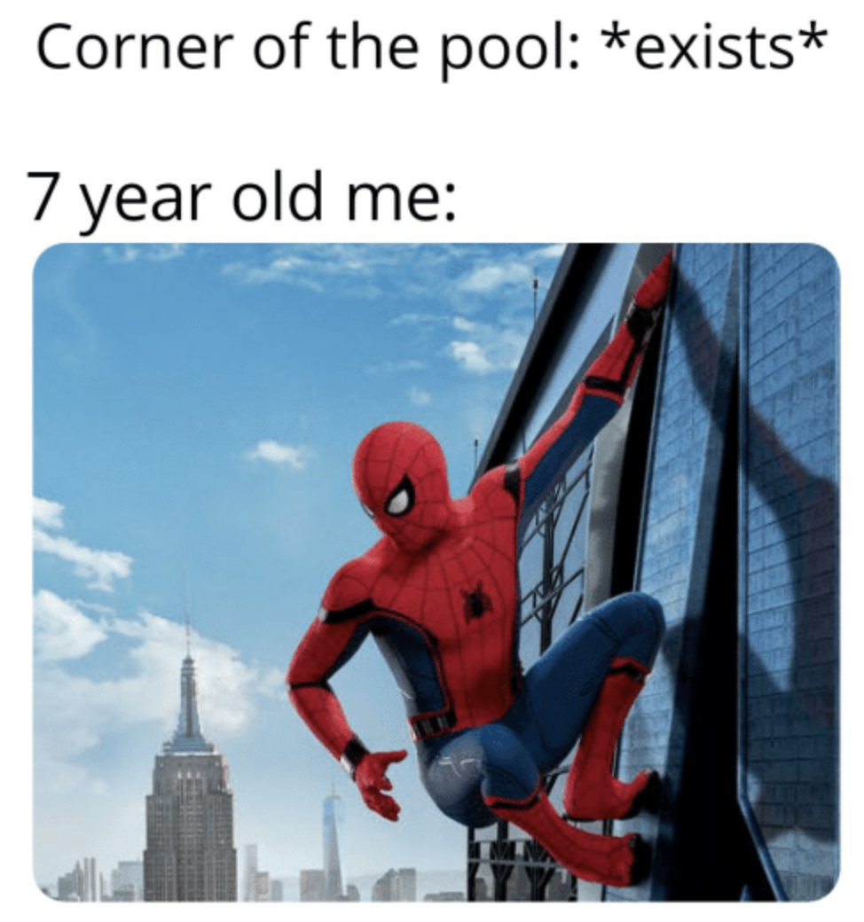 Meme with Spiderman on the side of a building