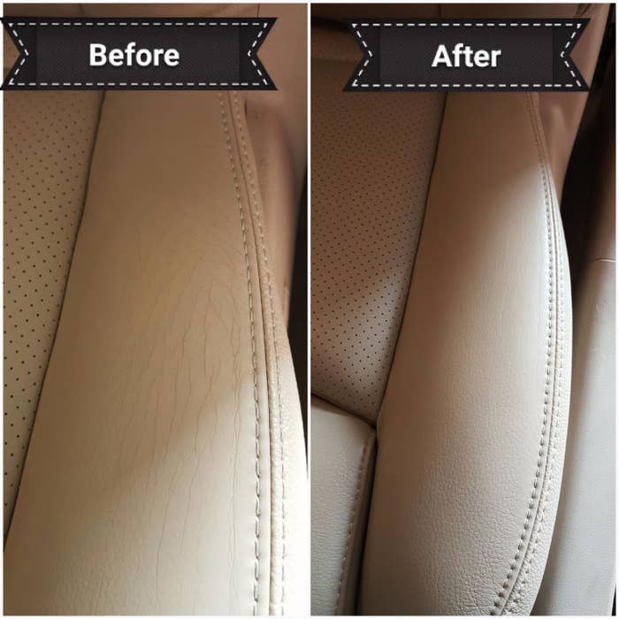 Reviewer&#x27;s before and after showing the products got rid of the cracks in their leather car seats