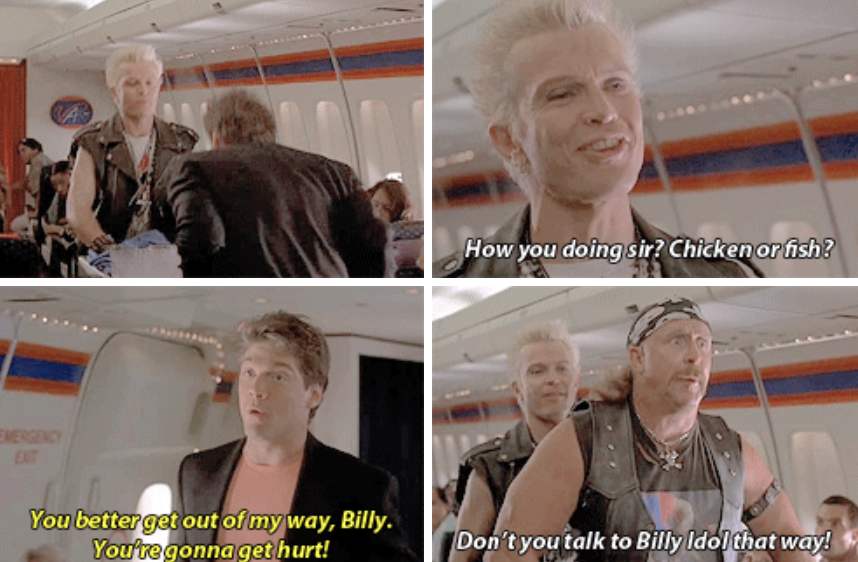 Billy idol pushing Glenn out of the way on the airplane with determination