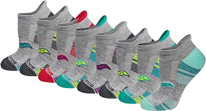 Grey Saucony athletic socks with blue, green, red, and black toe and heel detail