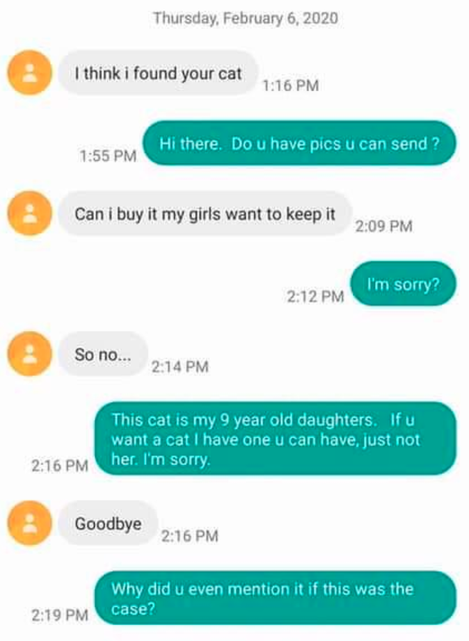 Person One tells Person Two they&#x27;ve found their missing cat, but instead of returning it, they say they want to keep it for their kids and abruptly ends the conversation