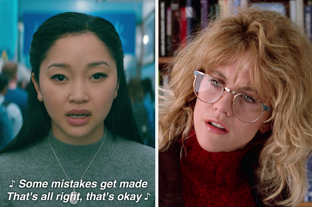 Lara Jean lip-synching a sad song in the hallway; Sally staring at Marie in a perplexed way at the library