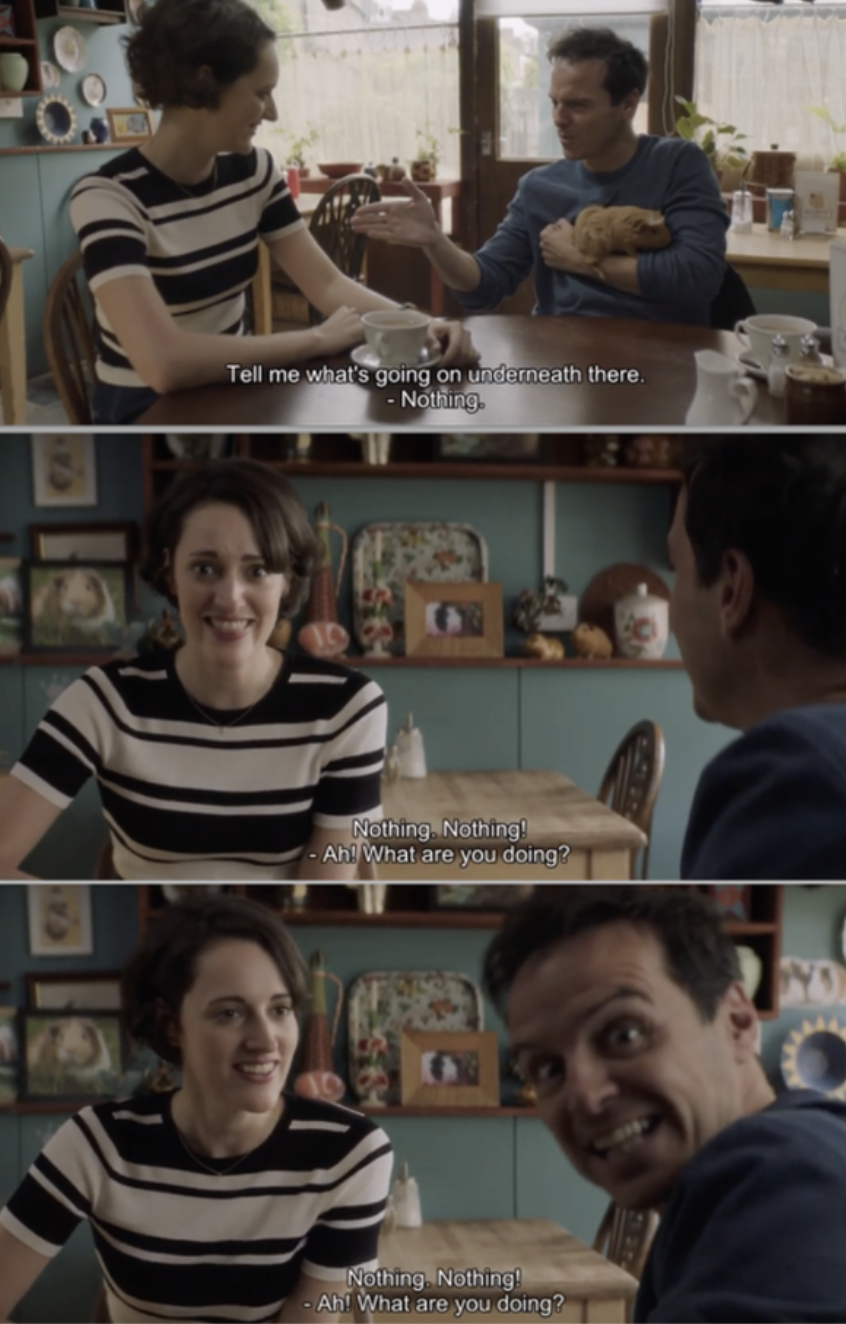 Fleabag and The Priest breaking the fourth wall and talking to camera