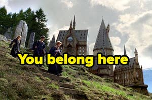 Ron, Hermione, and Harry Potter run down the hill with Hogwarts in the back and labeled "You belong here"