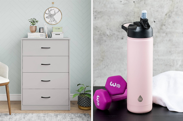 On the left, a dresser. On the right, a pink water bottle