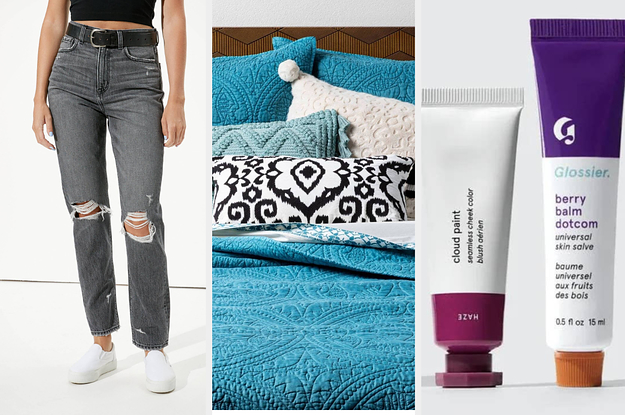 split thumbnail of person wearing American Eagle jeans, throw pillow on a bed, Glossier Cloud Paint and Balm dot Calm
