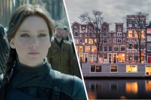 Katniss from "Hunger Games" is on the left with an Amsterdam waterfront on the right