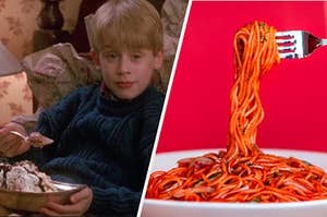 Kevin from "Home Alone" is eating ice cream on the left with a fork full of pasta on the right