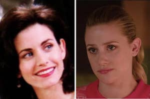 Monica Geller is smiling on the left with Betty Cooper looking serious on the right