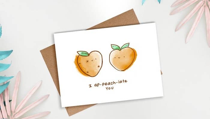 A card with two peaches that says I ap-peach-iate you