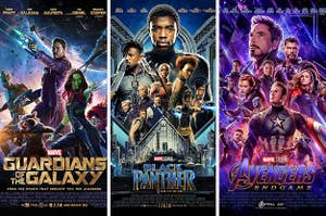 Guardians of the Galaxy, Black Panther, and Avengers Endgame movie posters