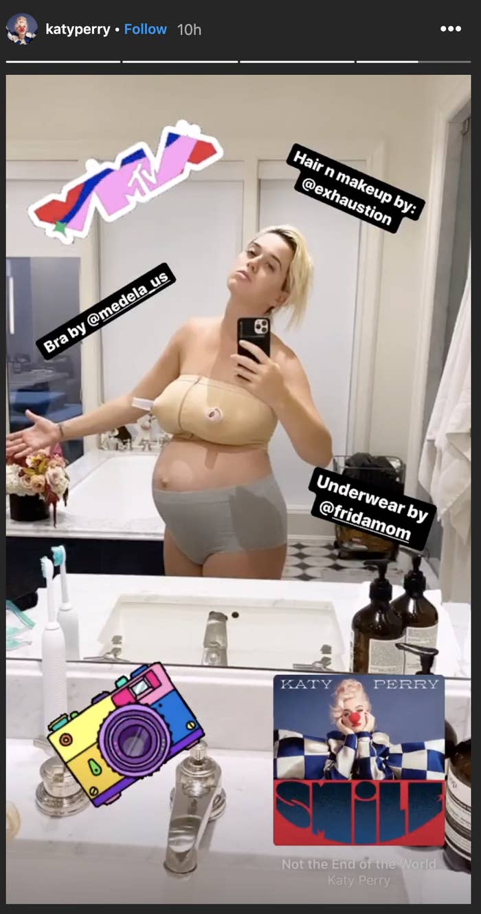 Katy&#x27;s Instagram story that shows her posing in the mirror, wearing a nursing bra and postpartum underwear. There are VMA and camera stickers