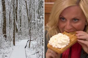 On the left, a snowy forest, and on the right, Amy Poehler eats a waffle covered in whipped cream as Leslie Knope in "Parks and Recreation"