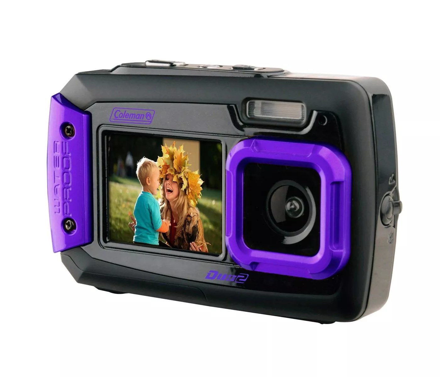 A black and purple camera with a screen on the front displaying a mom and a child