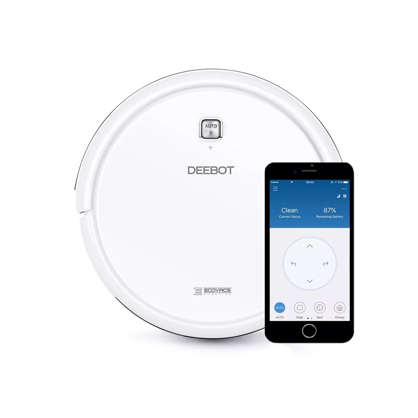 A white robot vacuum with an app controller