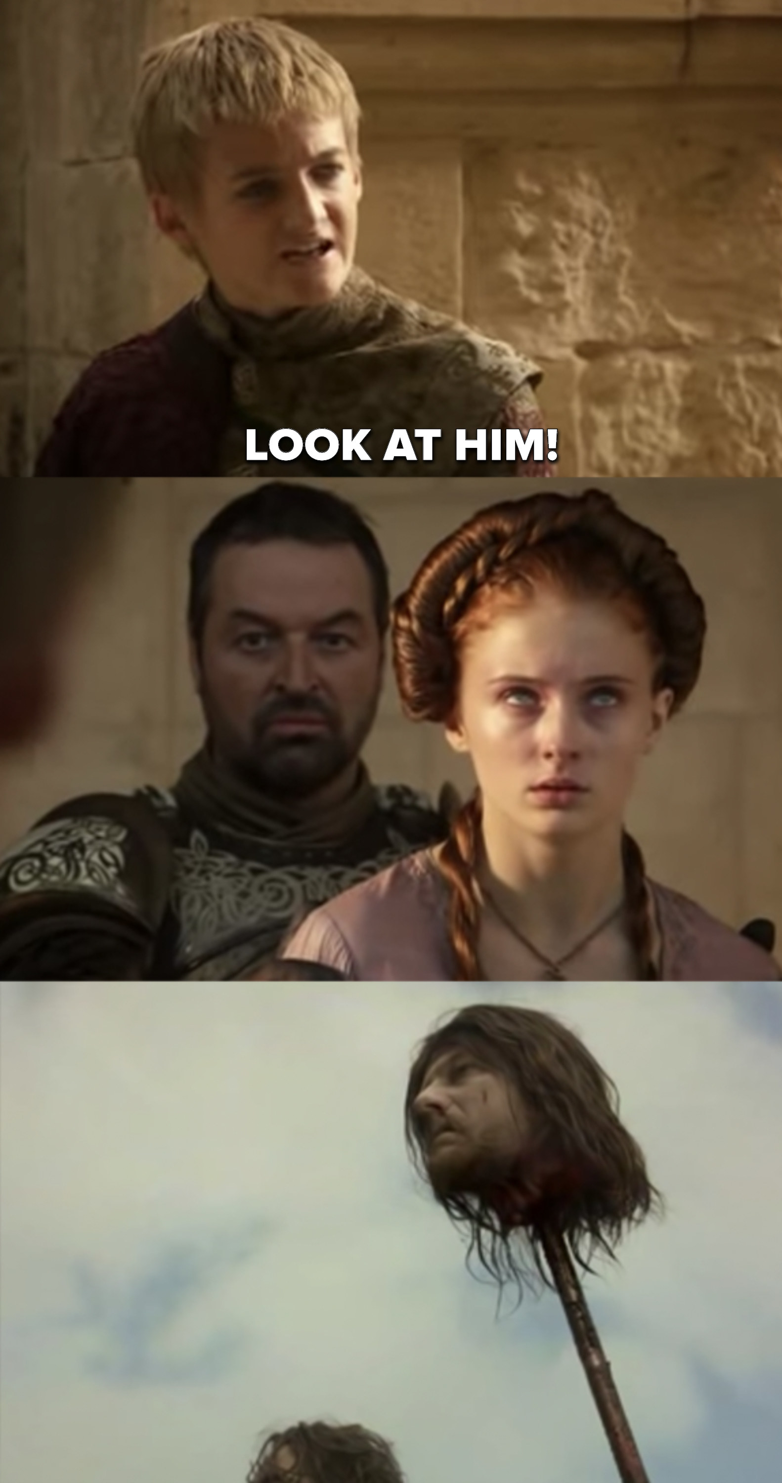 Joffrey yells at Sansa to look at her father&#x27;s head on a spike