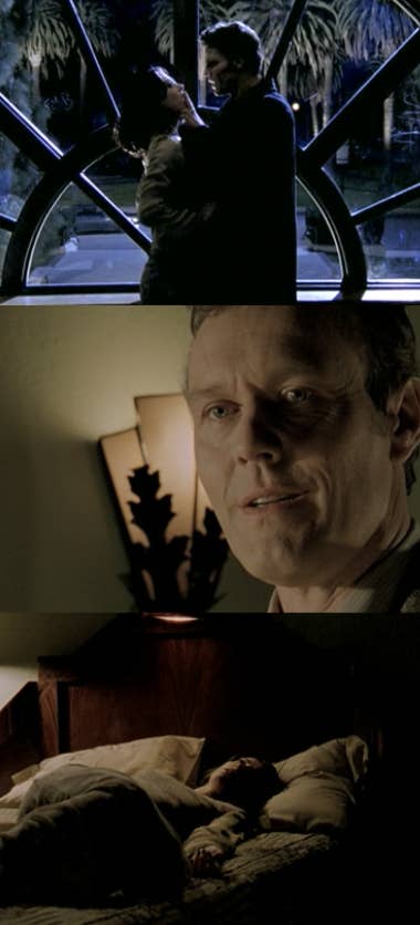Angel about to snap Jenny's neck at the school, then Giles seeing her in his bed