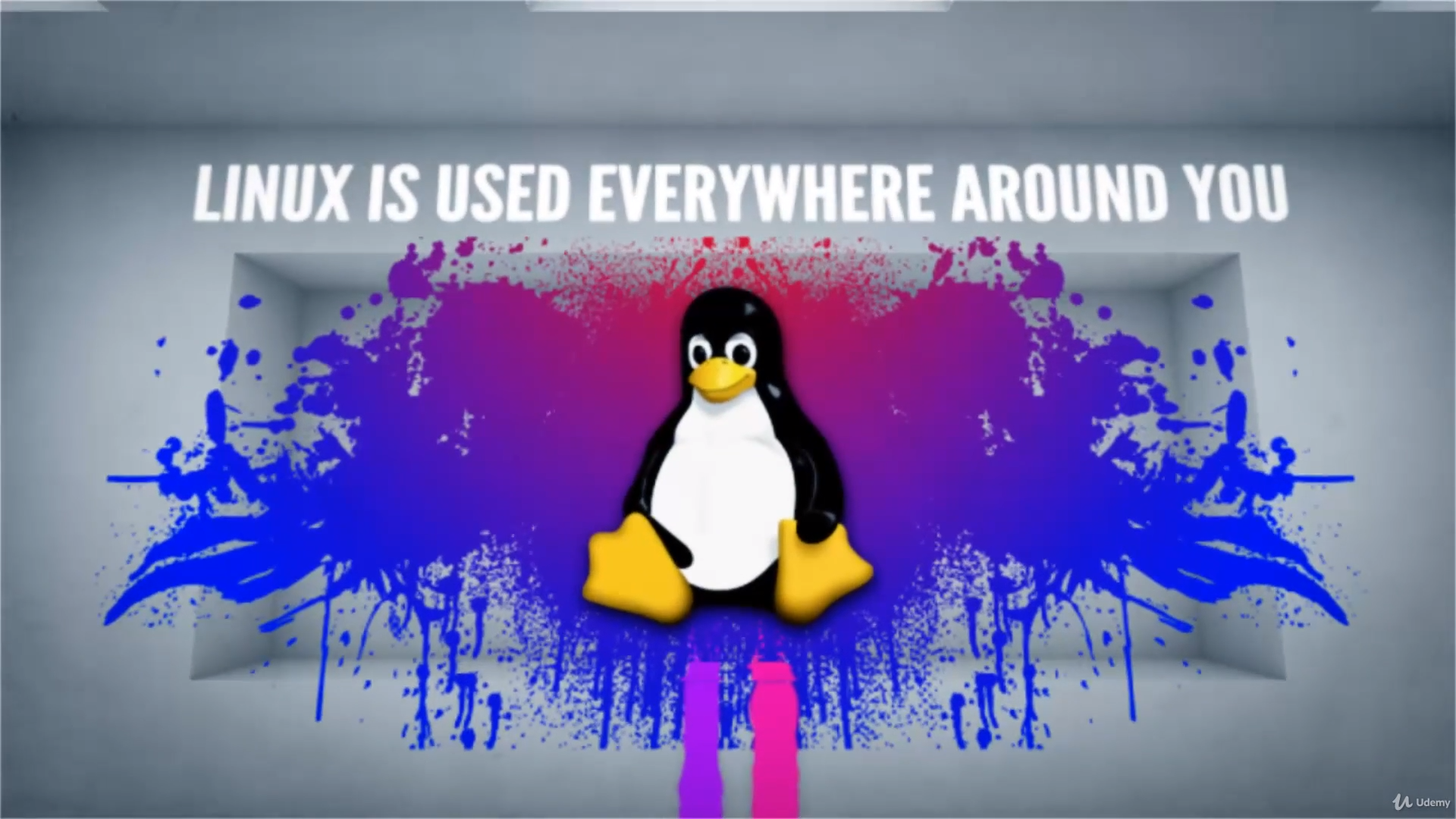 An animated drawing of a penguin on a paint-splashed background with a caption that says Linux is used everywhere around you