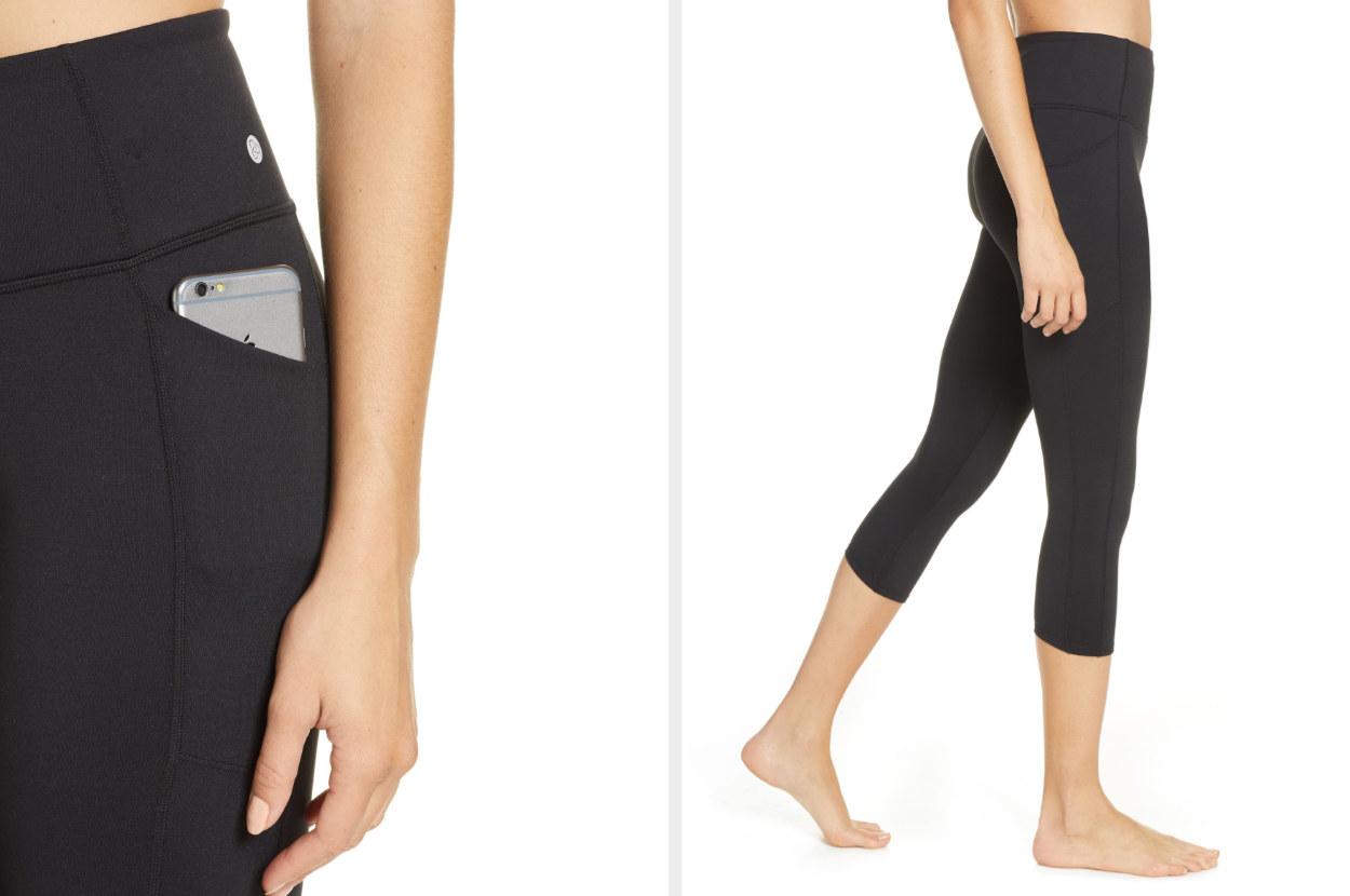 Split-image of model wearing black leggings with phone in hip pocket and side view of legggings that hit at the calf