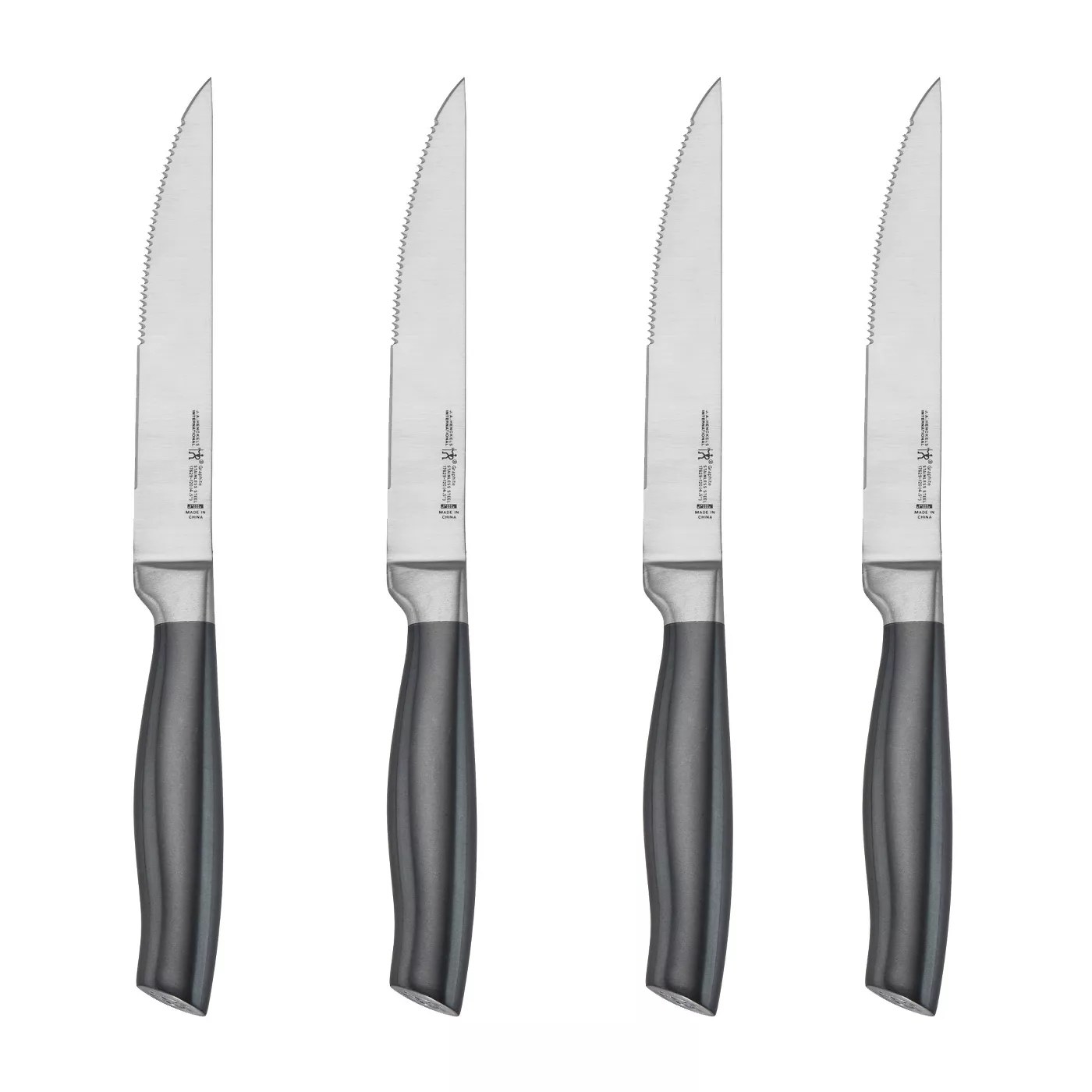Four stainless steel steak knives with graphite handles