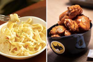 A bowl of Olive Garden pasta is on the left with a bowl of Buffalo Wild Wings on the right