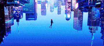 Miles Morales, in his Spider-Man costume, falls downwards towards the city inverted, so it appears he&#x27;s rising.