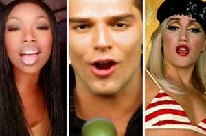 Brandy in the "The Boy is Mine" music video; Ricky Martin in the "Livin' la Vida Loca" music video; Gwen Stefani in the "Let Me Blow Ya Mind" music video