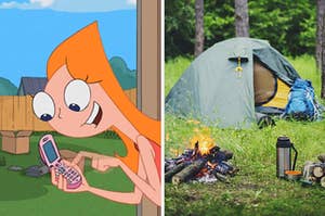 On the left, Candace from "Phineas and Ferb" smiles and dials a number on her phone, and on the right, a tent outside in the woods next to a campfire, firewood, and travel mug