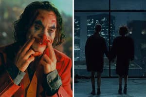 Arthur Fleck paints on his smile in blood in "Joker" and Jack and Marla hold hands in "Fight Club"