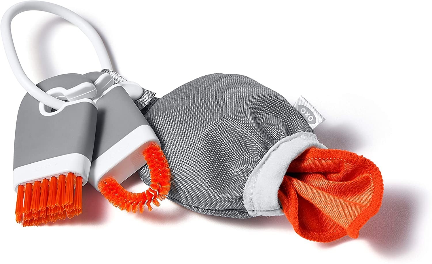 Gray, white, and orange fabric and plastic keyboard and screen cleaning kit