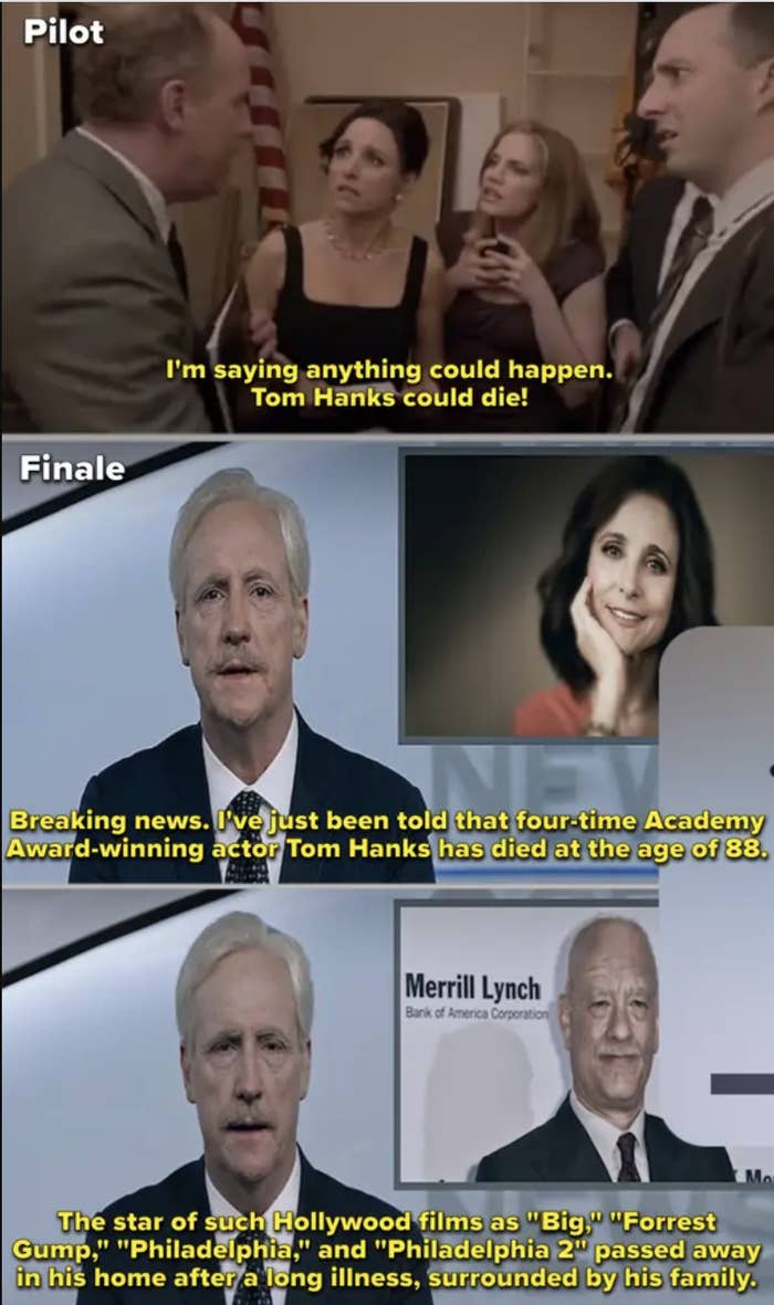 Side-by-side of the pilot and finale when Mike talks about Tom Hanks&#x27;s death, then he actually reports Tom Hanks&#x27;s death