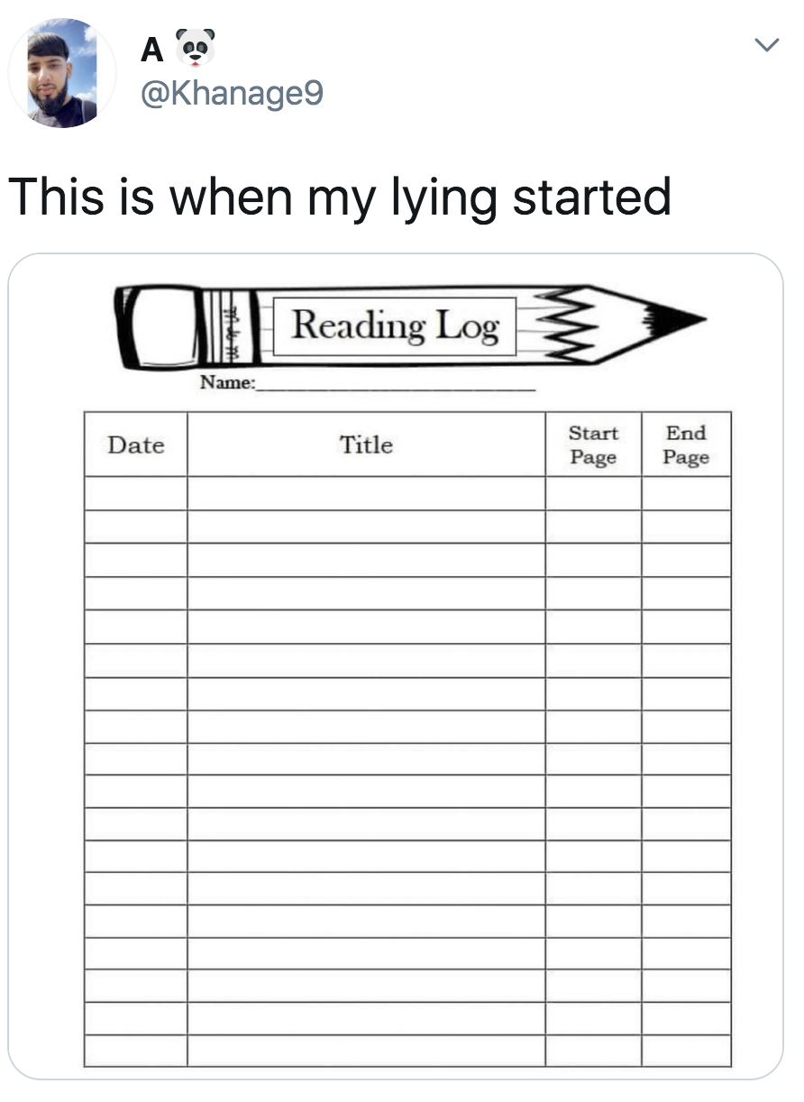 tweet reading this is when my lying started with a reading log