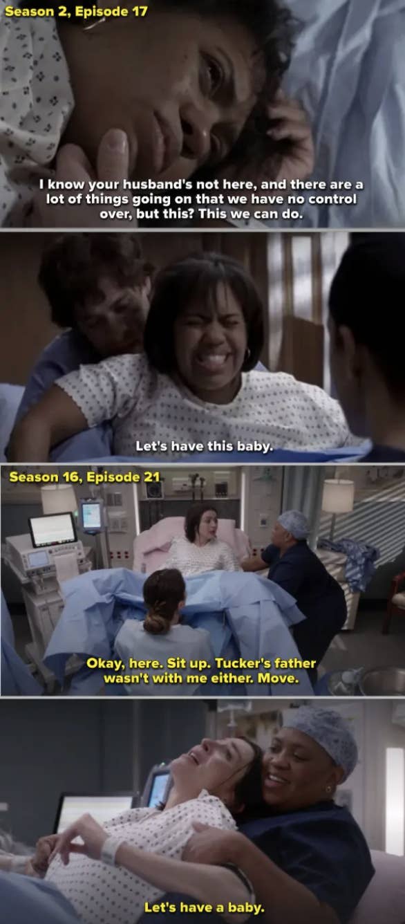 George holding Bailey while she gives birth, then Bailey holding Amelia as she gives birth
