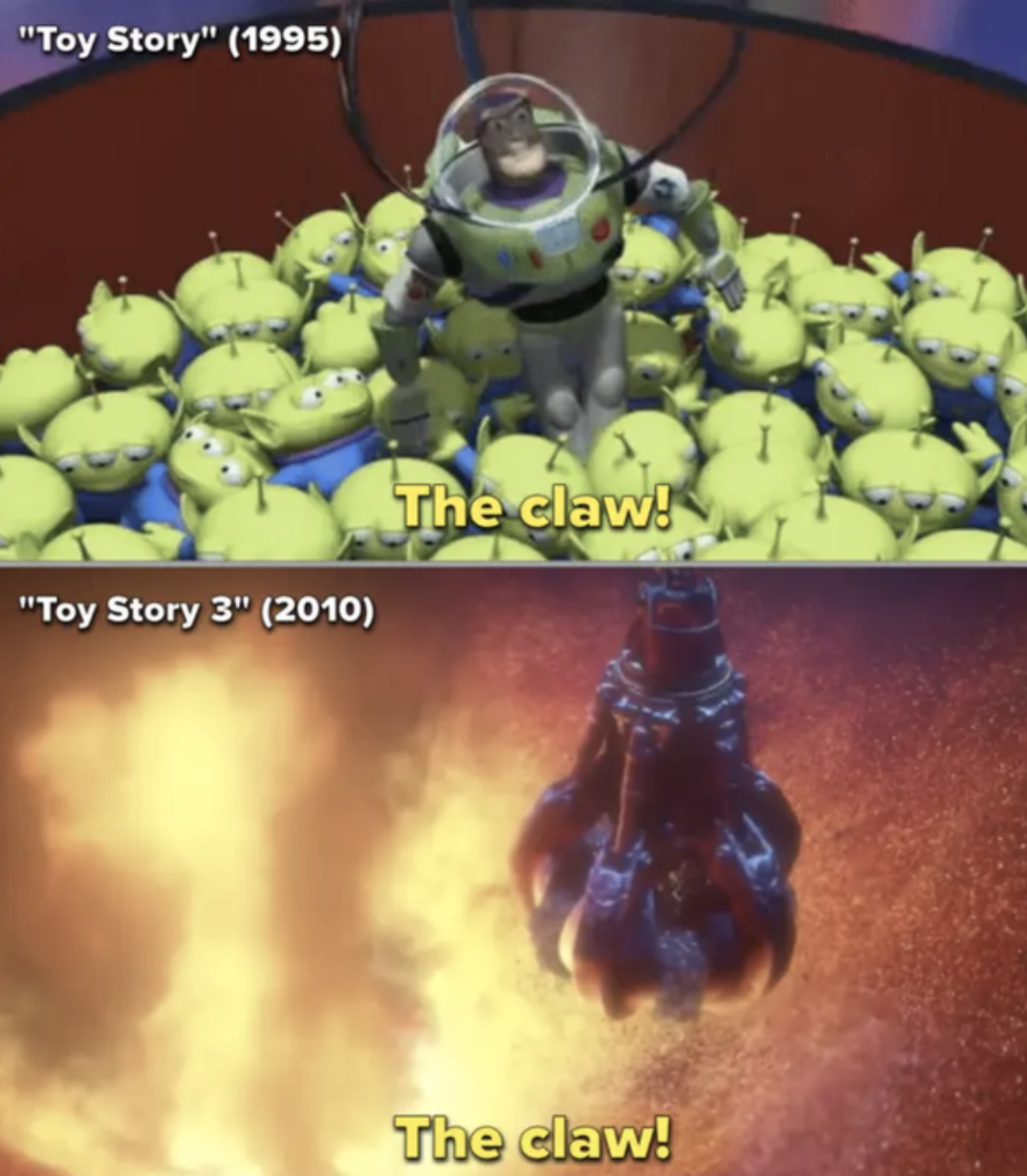 Side-by-side of the Aliens with the claw in the first &quot;Toy Story&quot; + the Aliens with the claw in the third movie