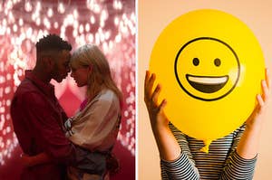 Taylor Swift is cuddling with a man on the left with a happy face balloon on the right