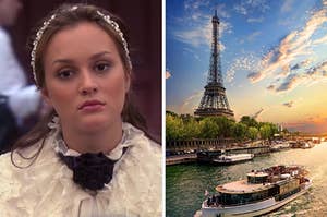 On the left, Leighton Meester as Blair on "Gossip Girl," and on the right, the Eiffel Tower at sunset