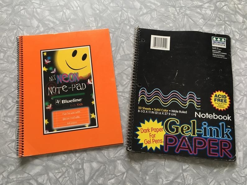 Two notebooks one labeled &quot;My Neon Note-Pad&quot; and the other labeled &quot;Gel-ink Paper&quot;