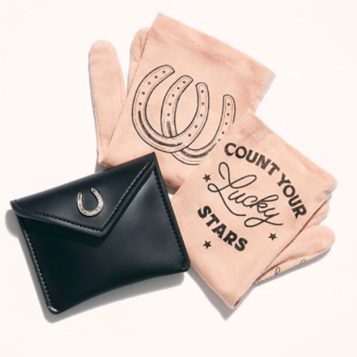 The gloves neatly folded next to their carrying case