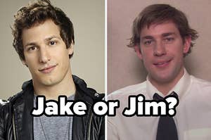 Two images of Jake Peralta from Brooklyn Nine-Nine and Jim Halpert from The Office