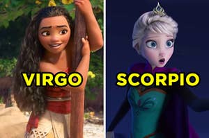On the left, Moana from "Moana" sings "How Far I'll Go" and "Virgo" is typed on top of the image, and on the right, Elsa sings "Let It Go" in "Frozen" and "Scorpio" is typed on top of the image