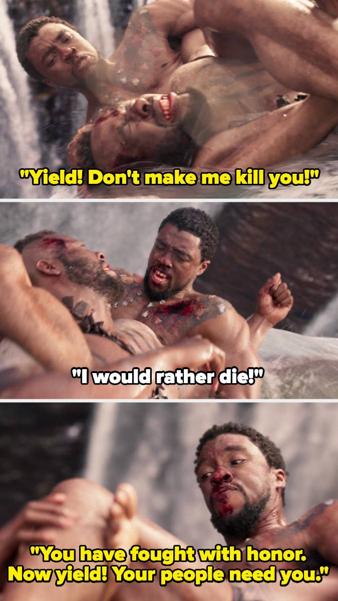 T'Challa fighting with M'Baku and saying, "You have fought with honor. Now yield! Your people need you."